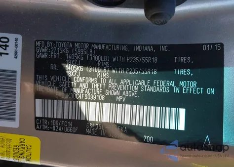 2015 Toyota Sienna Le 7 Passenger из США, поврежденный, VIN 5TDJK3DC4FS099108